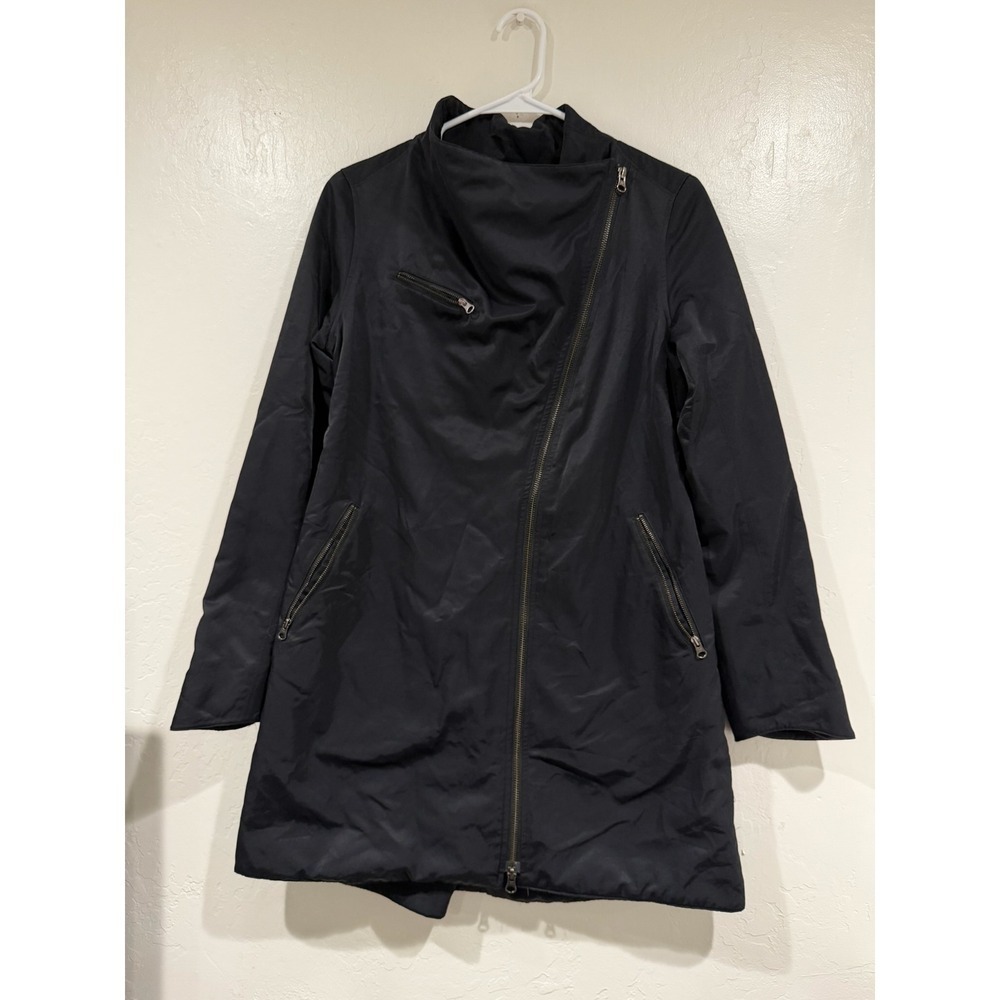Eileen Fisher Asymmetric Zip Funnel Neck Coat Black Italian Fabric Size XS - Picture 3 of 8